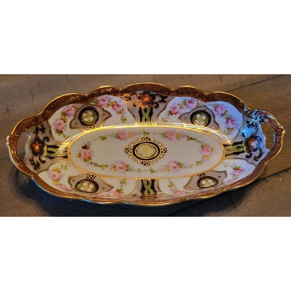 Vintage Nippon Hand-painted Relish Dish Celery Tray Floral Gold Trim - Picture 1 of 6